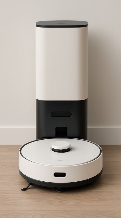로봇청소기 LG 코드제로 R5가 거실 바닥을 자동 먼지 비움 스테이션과 함께 청소하는 모습