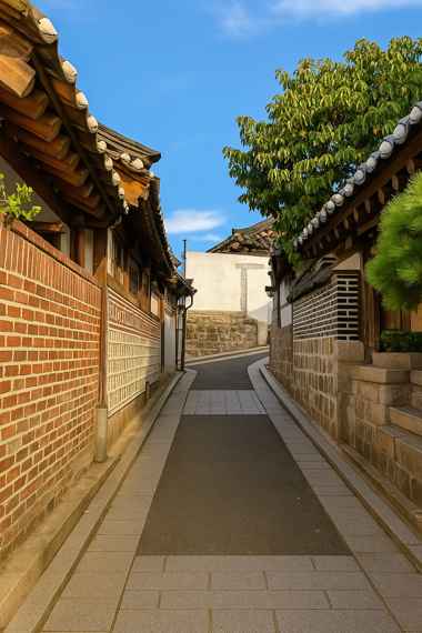 A bright alley view of Bukchon Hanok Village in Seoul with traditional Korean houses and clear blue sky