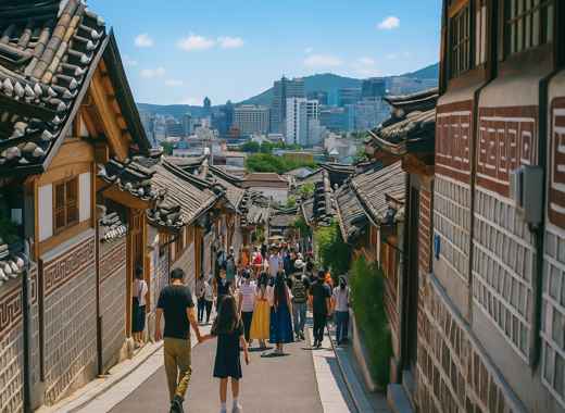 Bukchon Hanok Village in Seoul with traditional Korean houses and visitors walking along the scenic alley under clear sky