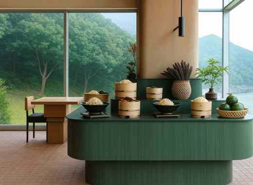 Breakfast buffet area at Busan Hotel IJE Busan with steamed dishes and a forest view through large windows
