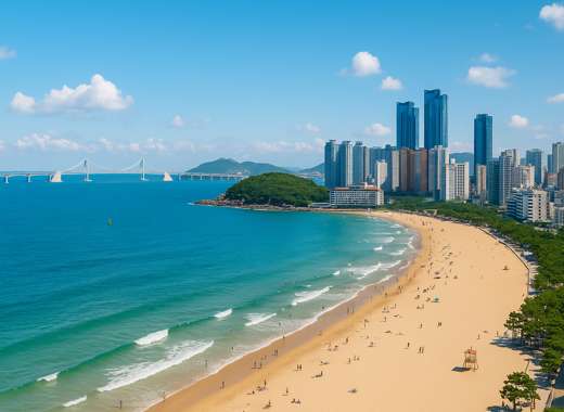 Beautiful ocean view of Haeundae Beach in Busan with clear blue water, sandy shore, and modern city skyline under bright sky