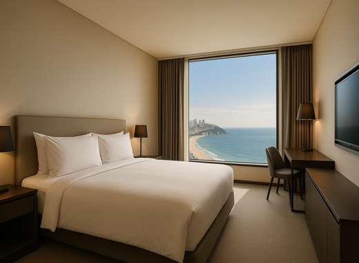 Busan Hotel Shilla Stay Busan Haeundae ocean-view room with large window, modern interior, cozy bed, and view of Haeundae Beach and city skyline.