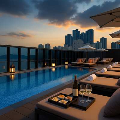 Busan Hotel Shilla Stay Busan Haeundae rooftop pool at sunset with city skyline, wine glasses, and relaxing lounge chairs overlooking the ocean.