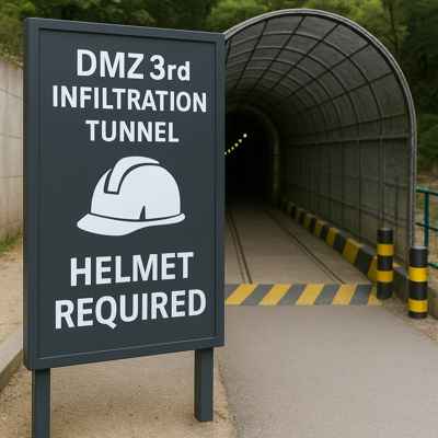 Entrance to the DMZ 3rd Tunnel with a helmet required sign, guiding visitors before entering the restricted area.
