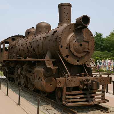 Historic bullet-riddled steam locomotive on display at Imjingak Park, a highlight stop of the DMZ 3rd Tunnel tour.
