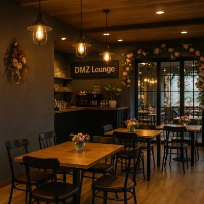 Interior view of DMZ Lounge with warm lighting, wooden tables, and floral decorations creating a cozy cultural atmosphere.
