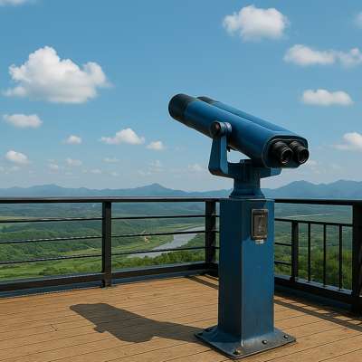 Rooftop telescope at DMZ Lounge overlooking the northern mountains and peaceful green scenery.
