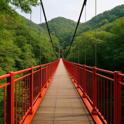 A red suspension bridge at Gamaksan surrounded by dense forest, visited during a DMZ tour.
