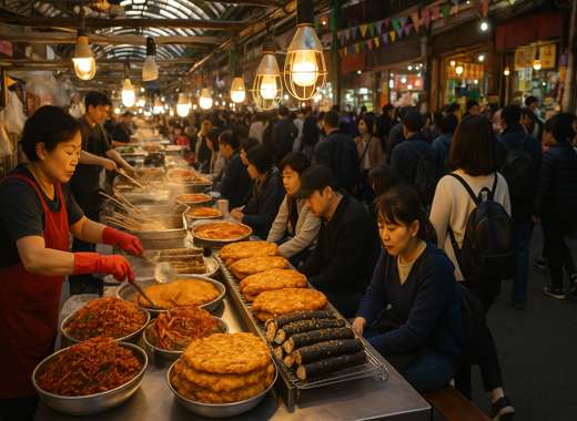 A lively food alley at Gwangjang Market in Seoul, showing people enjoying traditional Korean street food near Jongno 5-ga Station