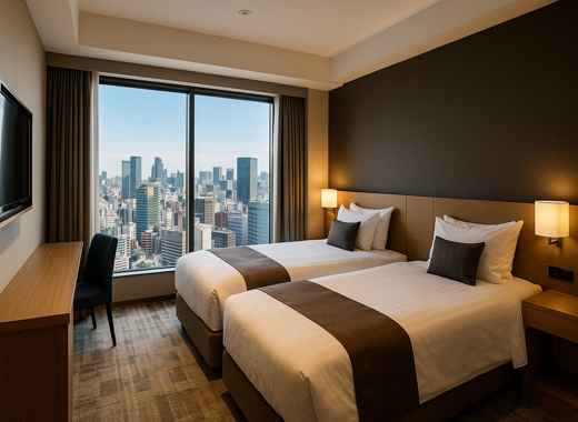 호텔 그레이서리 신주쿠 객실 내부와 도쿄 호텔 시티뷰 전망 이미지