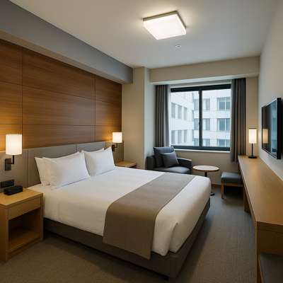 더 로얄 파크 캔버스 후쿠오카 나카스 객실 전경, 따뜻한 원목 인테리어와 침대가 있는 편안한 호텔룸