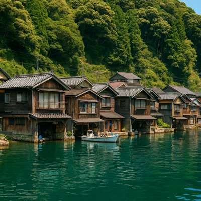 일본 교토 북부 어촌 마을 이네 후나야의 바다 위 보트하우스 풍경, 잔잔한 바다와 나무집이 줄지어 있는 모습