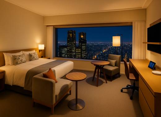 게이오 플라자 호텔 도쿄 고층 객실 전경, 도쿄 야경이 보이는 모던한 인테리어와 넓은 침대, 밝은 조명과 고급스러운 분위기의 도쿄 호텔 룸
