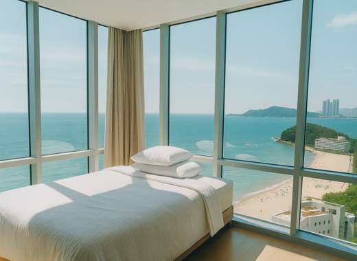 Ocean view room at Kolon Seacloud Hotel Busan overlooking Haeundae Beach, featuring modern interior and panoramic sea view through glass windows