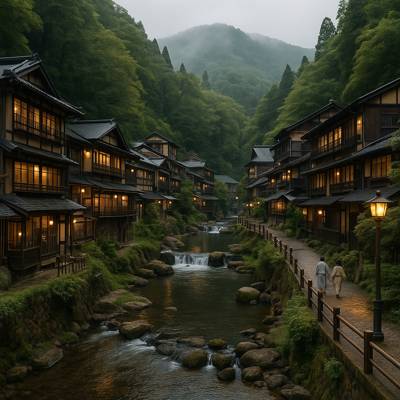 후쿠오카 근교 여행에서 만나는 산속의 작은 마을 구로카와 온천 풍경, 전통 료칸과 온천 증기가 어우러진 자연 힐링 여행지