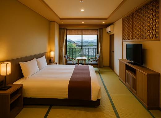 쿄토 호텔 교토 우메코지 카덴쇼 객실 내부 전경, 다다미 바닥과 트윈베드가 있는 일본식 현대 호텔룸