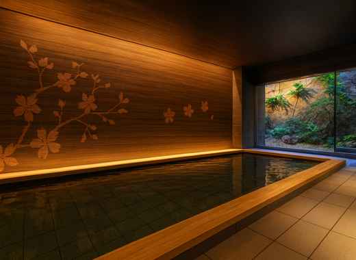 교토 여행 호텔 실내 온천과 일본식 정원 전망이 있는 고급스러운 대욕장