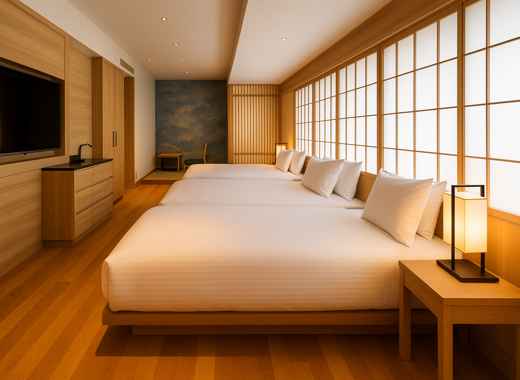 교토 여행 THE BLOSSOM KYOTO 쿼드룸 내부와 일본식 조명 디자인 객실 전경