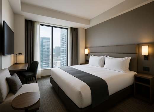 따뜻한 조명과 모던한 인테리어가 돋보이는 호텔 한큐 레스파이어 오사카 객실 전경, 깔끔한 침대와 큰 창문이 있는 세련된 분위기