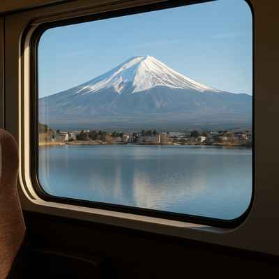 하코네 프리패스로 떠난 일본 여행 중, 기차 창가에서 바라본 후지산의 전경. 눈 덮인 후지산과 잔잔한 호수가 창문 너머로 보이며, 하코네의 감성과 여유가 느껴지는 장면