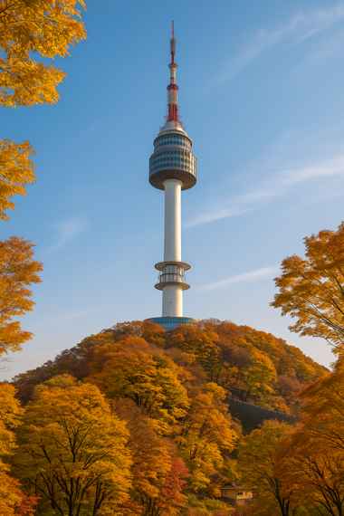 Namsan Tower in Seoul on a clear autumn day, surrounded by colorful fall trees under a bright blue sky