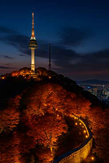 Night view of Namsan Tower in Seoul with glowing city lights and autumn trees under a deep blue sky