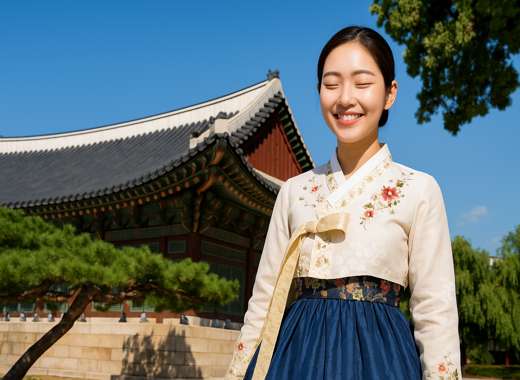 A young Korean person wearing a traditional hanbok smiling warmly in front of Namsangol Hanok Village under a clear autumn sky