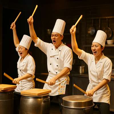 Chefs performing rhythmic drumming on stage during the NANTA Show Seoul, using cutting boards and pots as instruments