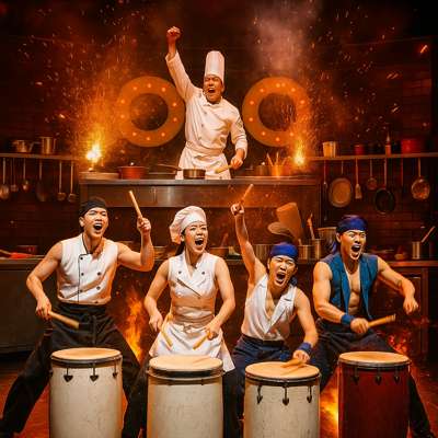 Dynamic stage performance of chefs drumming with kitchen tools during the NANTA Show Seoul, featuring energetic lighting and audience excitement