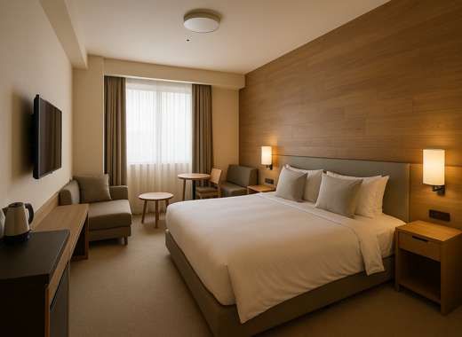 닛코 스타일 나고야 호텔의 따뜻한 우드톤 객실 전경, 넓은 침대와 은은한 조명이 어우러진 아늑한 분위기
