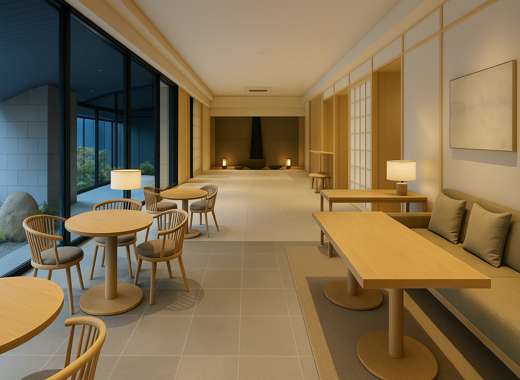 온센 료칸 유엔 삿포로 라운지 공간, 원형 테이블과 부드러운 간접조명이 있는 일본식 호텔 휴식 공간
