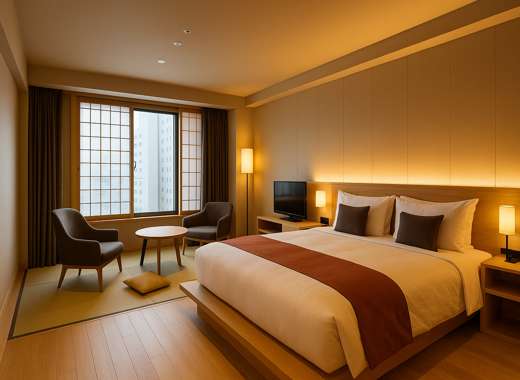 온센 료칸 유엔 삿포로 객실 내부 사진, 다다미 좌식 공간과 간접조명이 있는 일본식 온천 호텔 객실
