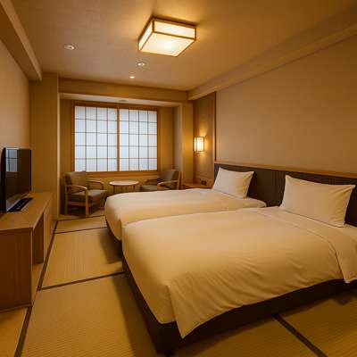 온야도 노노 남바 내추럴 핫 스프링 다다미 객실 내부, 전통 일본식 인테리어와 두 개의 침대가 놓인 조용한 오사카 호텔 룸