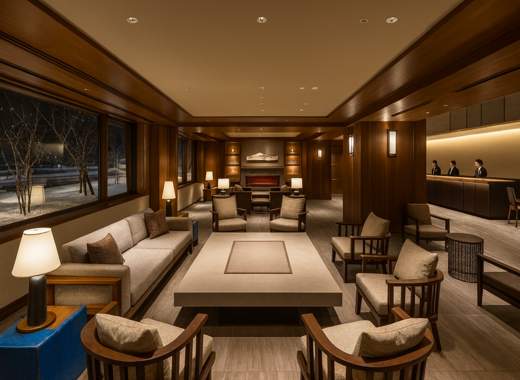 삿포로 호텔 솔라리아 니시테츠 호텔 삿포로의 로비 전경과 겨울 밤 분위기를 담은 이미지