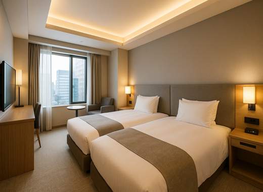 삿포로 호텔 솔라리아 니시테츠 호텔 삿포로의 도시 전망 트윈룸 객실 이미지, 깔끔한 인테리어와 모던한 디자인.
