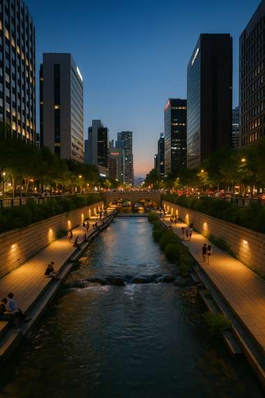 Night view of Cheonggyecheon Stream in Seoul city travel course, showing reflections of city lights and people walking along the illuminated path