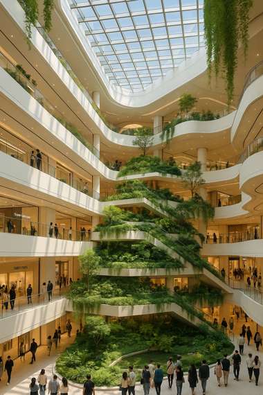 Interior view of The Hyundai Seoul in Yeouido, part of a Seoul city travel course showing modern architecture and indoor greenery