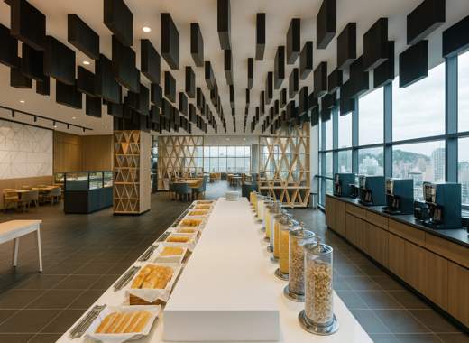 Modern breakfast buffet area at Holiday Inn Express Seoul Hongdae by IHG inside a Seoul hotel, featuring pastries, cereals, coffee machines, and a panoramic city view.
