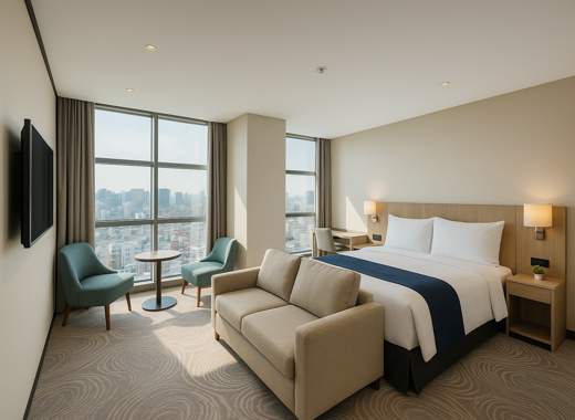 A modern Seoul hotel corner room at Holiday Inn Express Seoul Hongdae by IHG with a panoramic city view, cozy sofa, and natural lighting.
