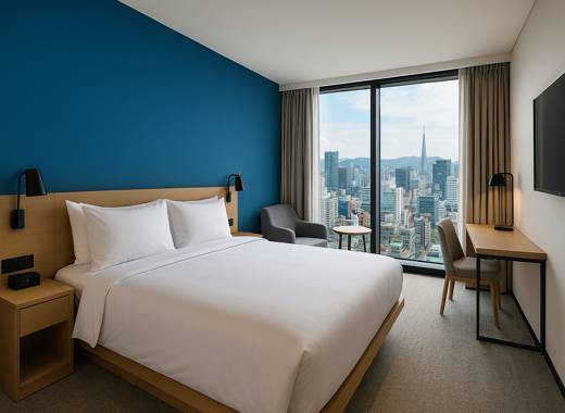 Modern room at L7 Hongdae by LOTTE Hotels in a Seoul hotel, featuring a blue accent wall and city skyline view.
