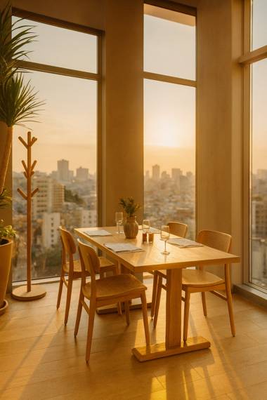 Golden-hour dining area at a Seoul hotel near Hongdae with city skyline views.
