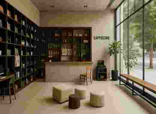 Modern Seoul hotel lobby with warm lighting, wooden furniture, and cozy seating area — bright and stylish interior in Gangnam