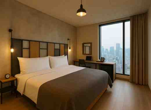 Modern hotel room at Hotel Cappuccino Seoul, featuring cozy lighting, wooden furniture, and a view of Gangnam city skyline