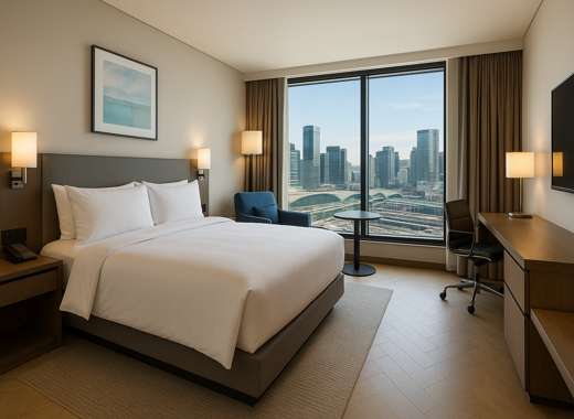 Modern twin room at Four Points by Sheraton Josun Seoul Station with city skyline view, warm lighting, and clean interior — perfect stay for Seoul travel.