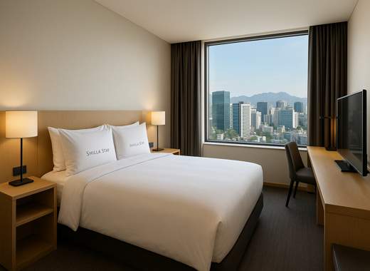 Modern guest room at Seoul Hotel Shilla Stay Seodaemun Seoul Station with city skyline view through large window, cozy white bedding, and minimalist interior design.