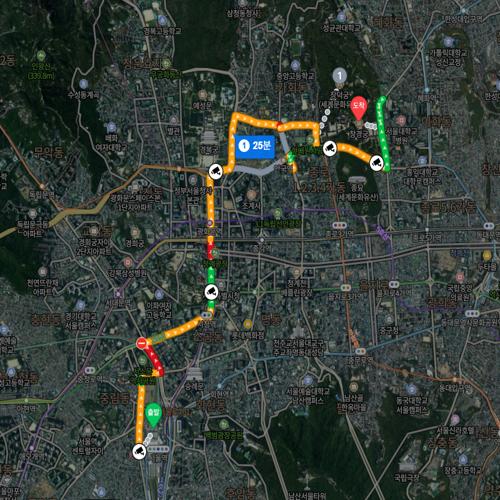 Map showing the Seoul travel route from Seoul Station to Changdeokgung and Changgyeonggung Palaces, approximately 5km taking about 30 minutes by public transport