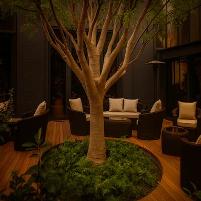 신주쿠 그란벨 호텔 테라스 전경, 나무와 의자가 있는 아늑한 신주쿠 호텔 야외 공간