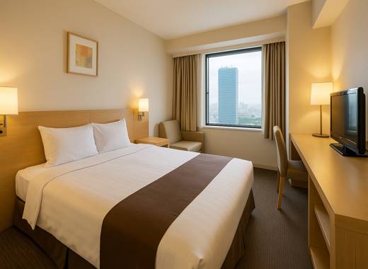 신주쿠 워싱턴 호텔 메인 객실 내부 전경, 도쿄 도심 전망이 보이는 깔끔한 트윈룸 모습