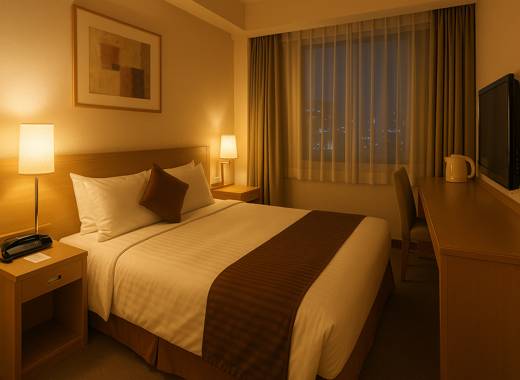 신주쿠 워싱턴 호텔의 따뜻한 분위기의 객실 전경, 부드러운 조명 아래 퀸사이즈 침대와 나무톤 가구가 조화를 이루는 도쿄 중심의 편안한 숙소 이미지