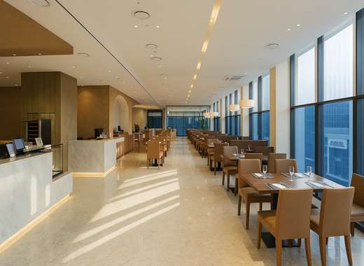 Modern hotel restaurant in Seoul with natural lighting and redesigned seating